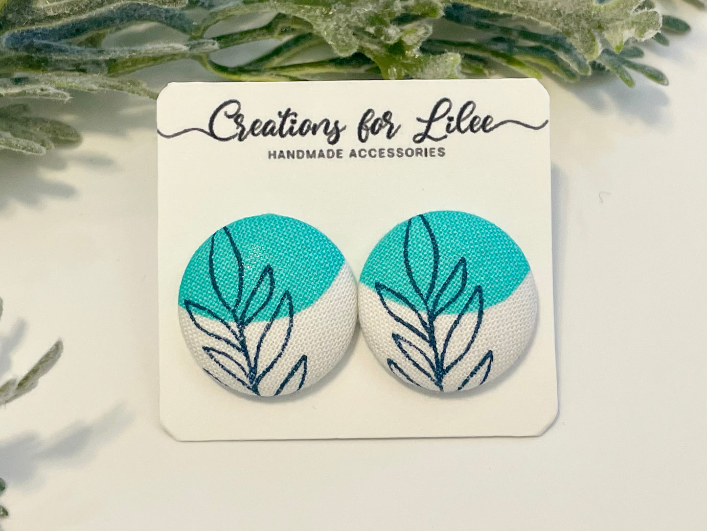 Button Earrings - Teal & Orange Leaf Pattern