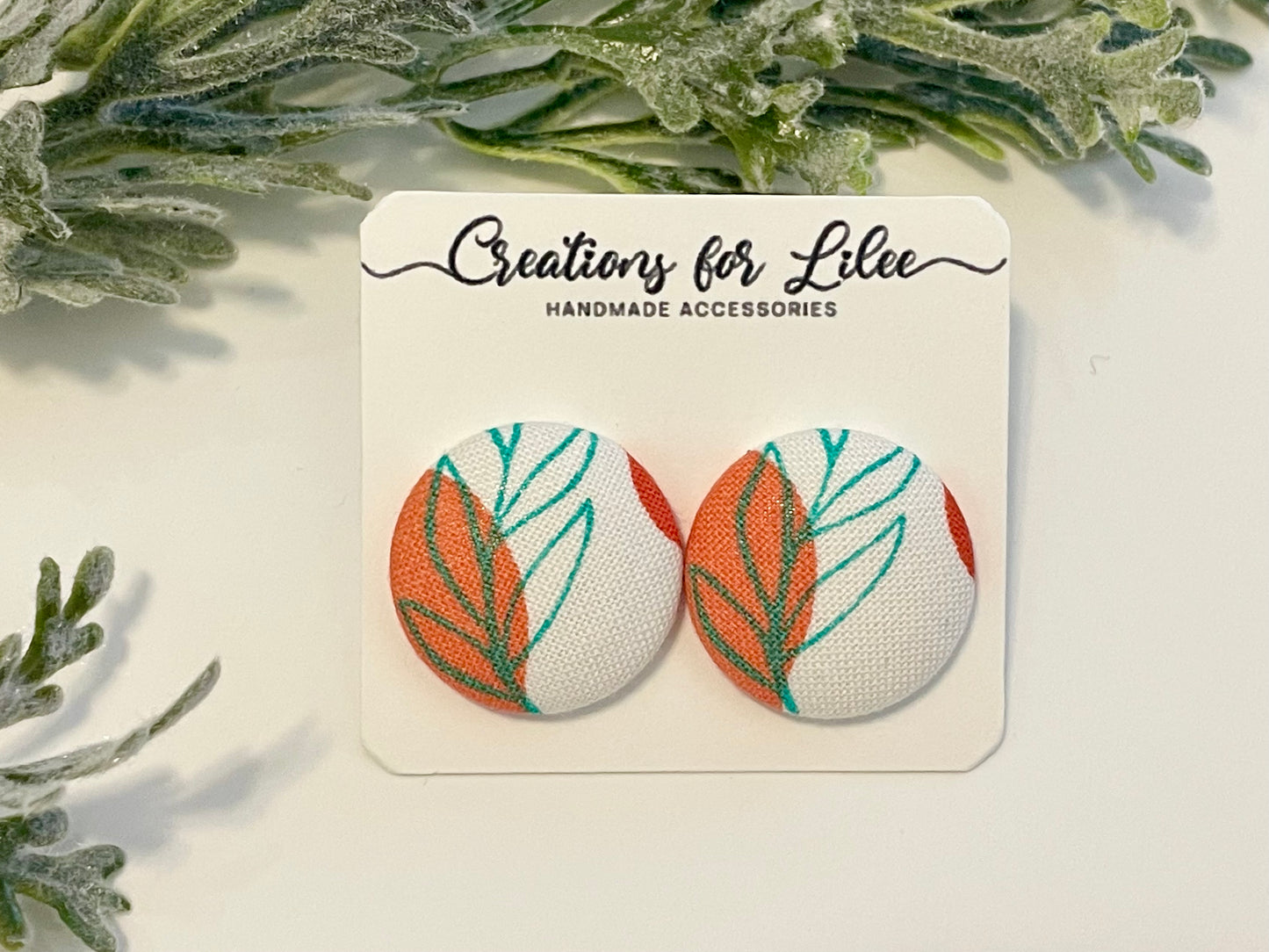 Button Earrings - Teal & Orange Leaf Pattern