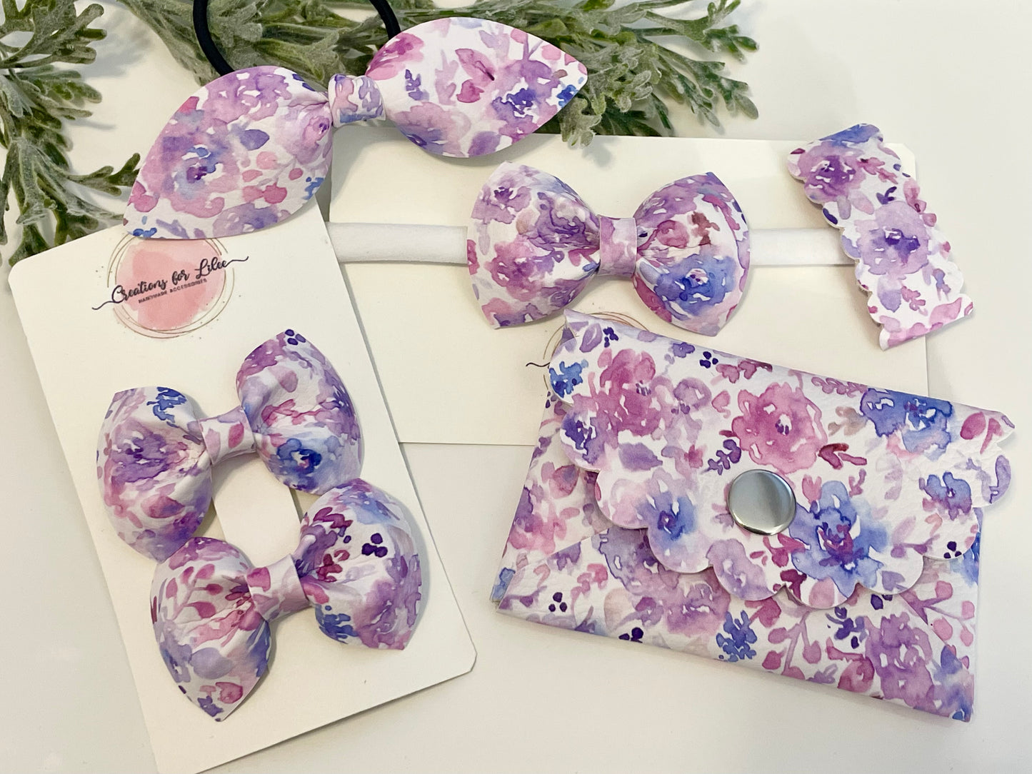 Pigtail Bows - Purple Watercolor Floral