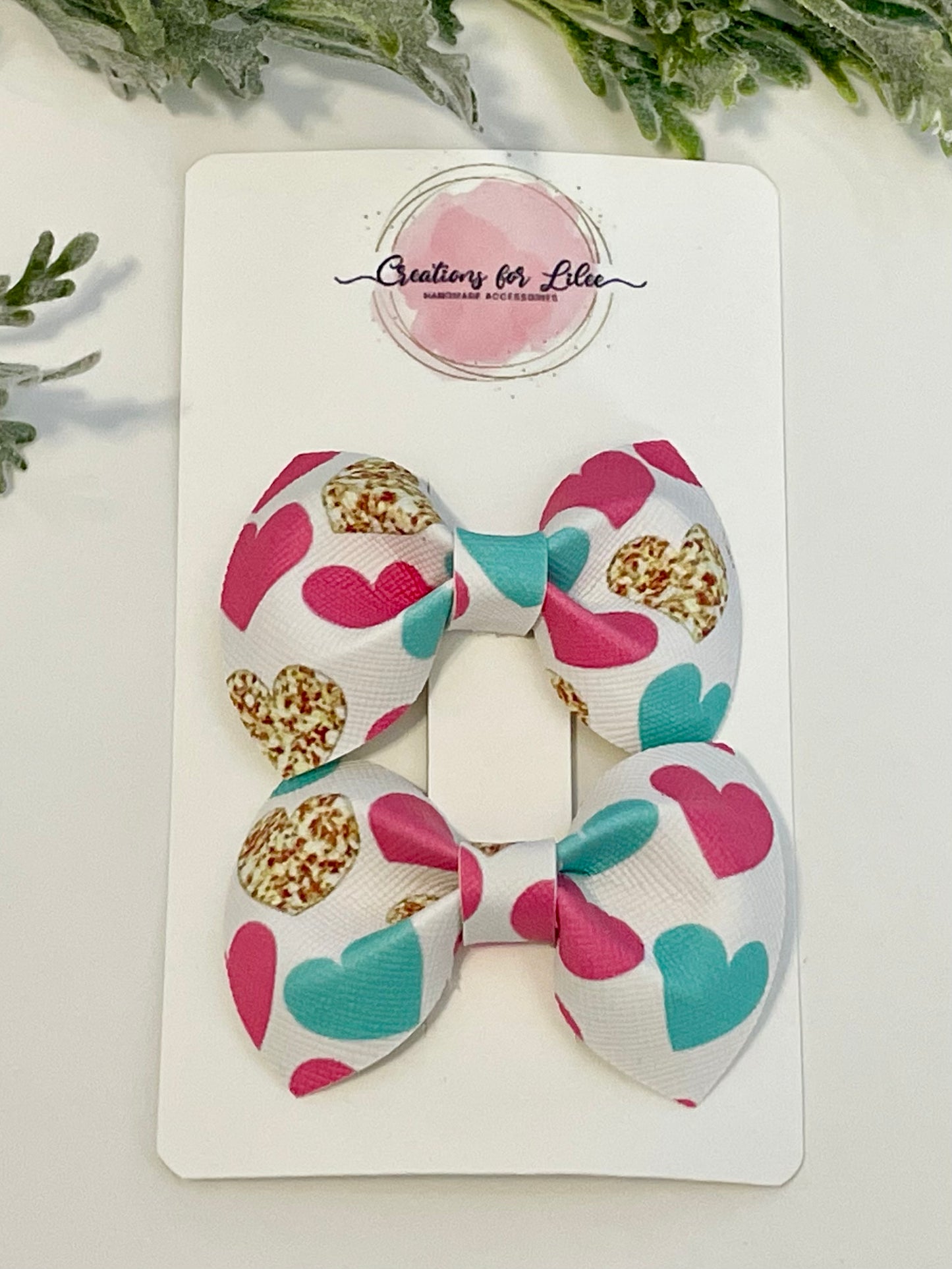 Pigtail Bows - Pink, Teal & Gold Hearts