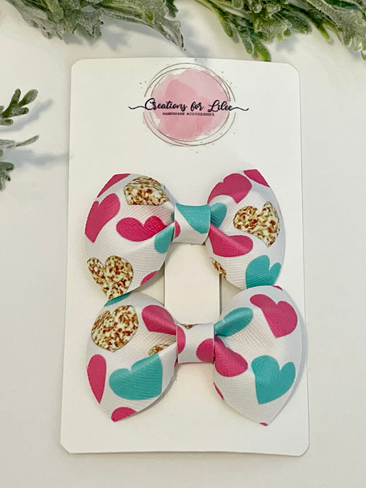 Pigtail Bows - Pink, Teal & Gold Hearts