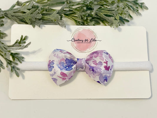 Nylon Headband with Leatherette Bow - Purple Watercolor Floral