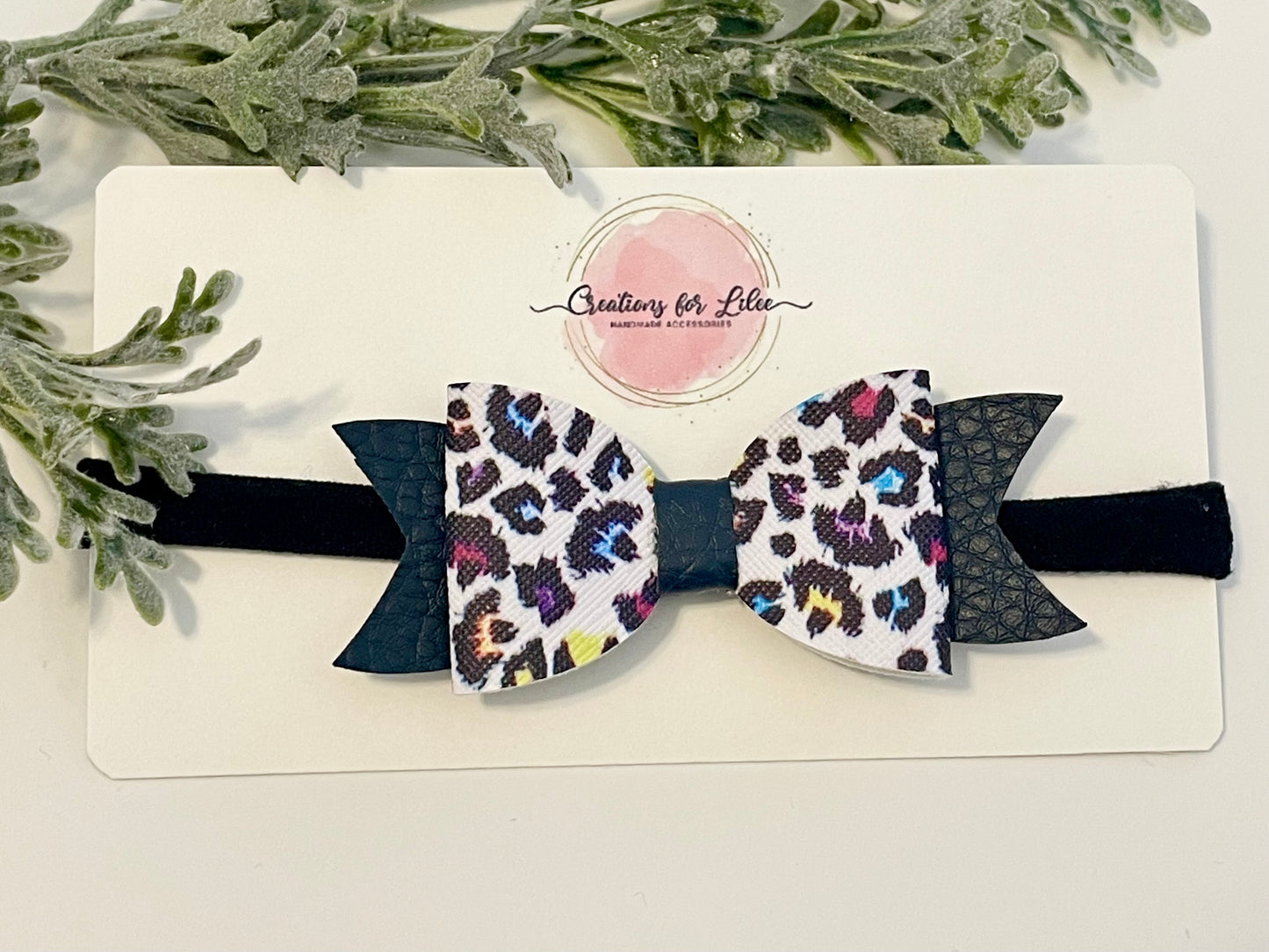 Nylon Headband with Leatherette Bow - Black & Colorful Leopard