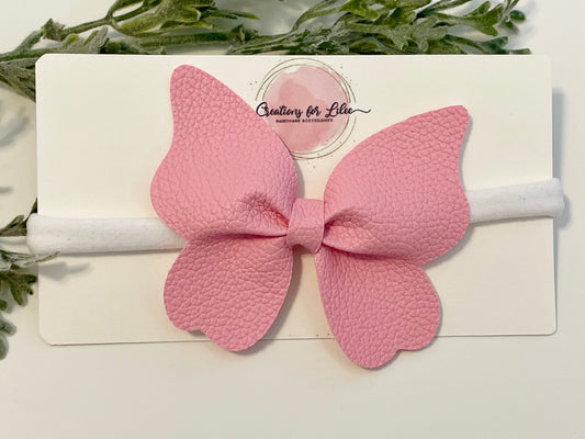 Nylon Headband with Leatherette Bow - Large Pink Butterfly