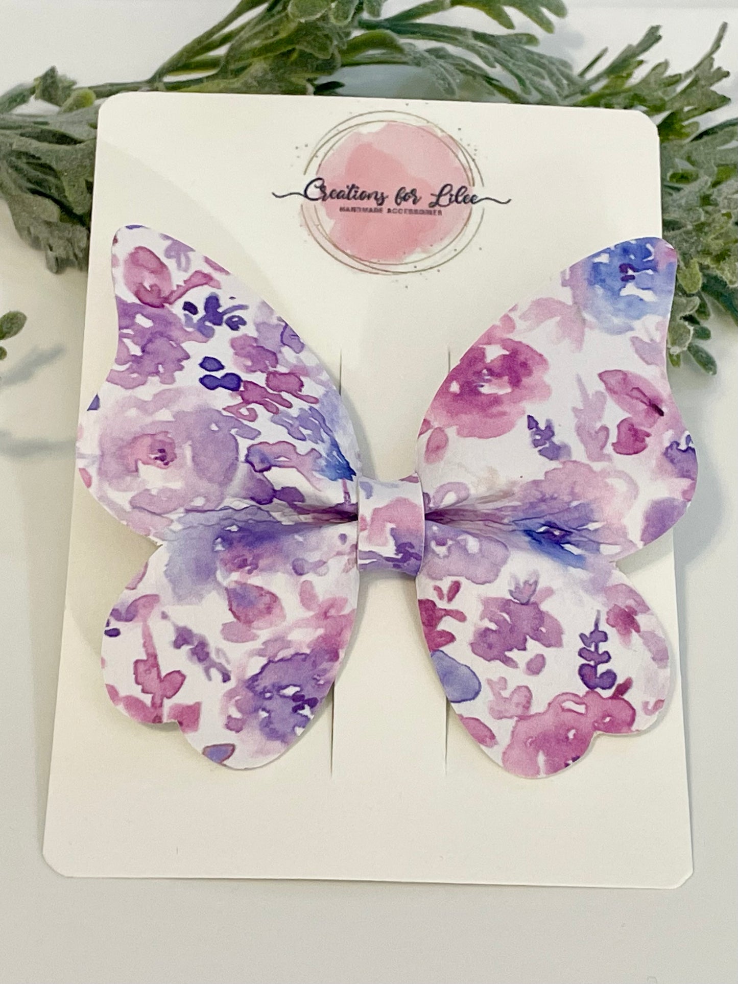 Large Butterfly Hair Bow - Purple Watercolor Floral