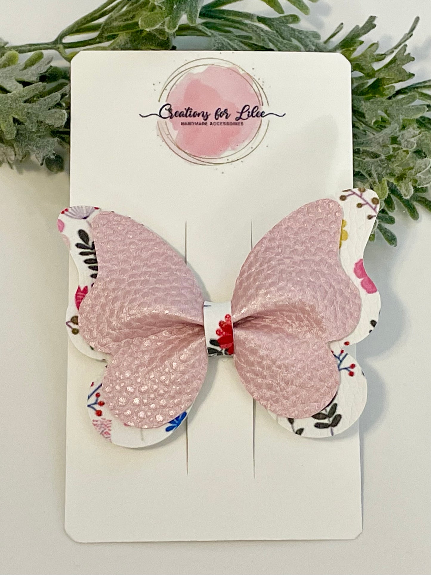 2-Layer Butterfly Hair Bow - Metallic Pink & Floral