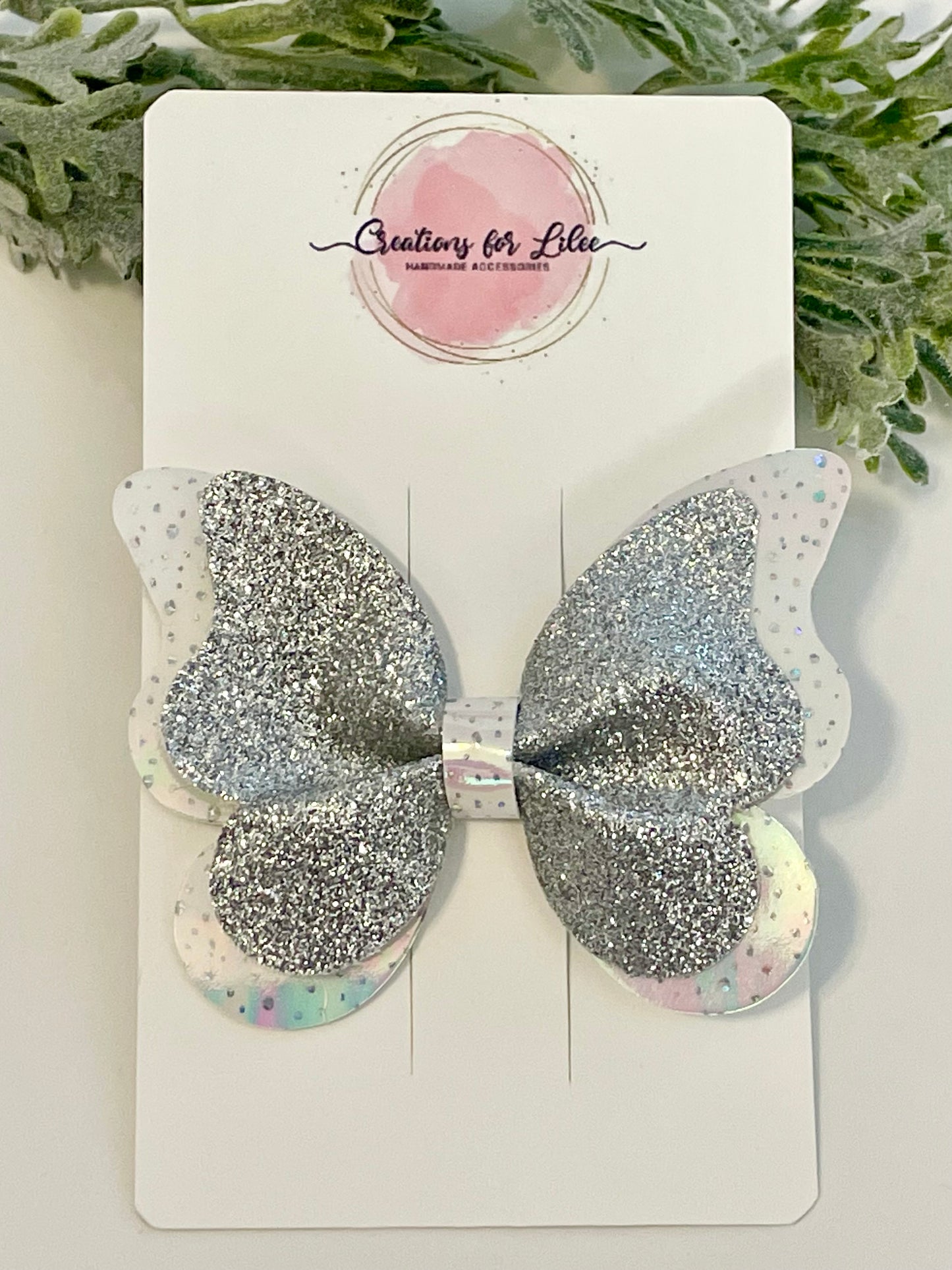 2-Layer Butterfly Hair Bow - Silver Glitter & Holographic White