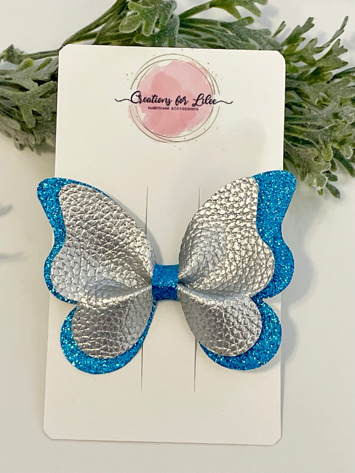 2-Layer Butterfly Hair Bow - Silver & Blue Glitter