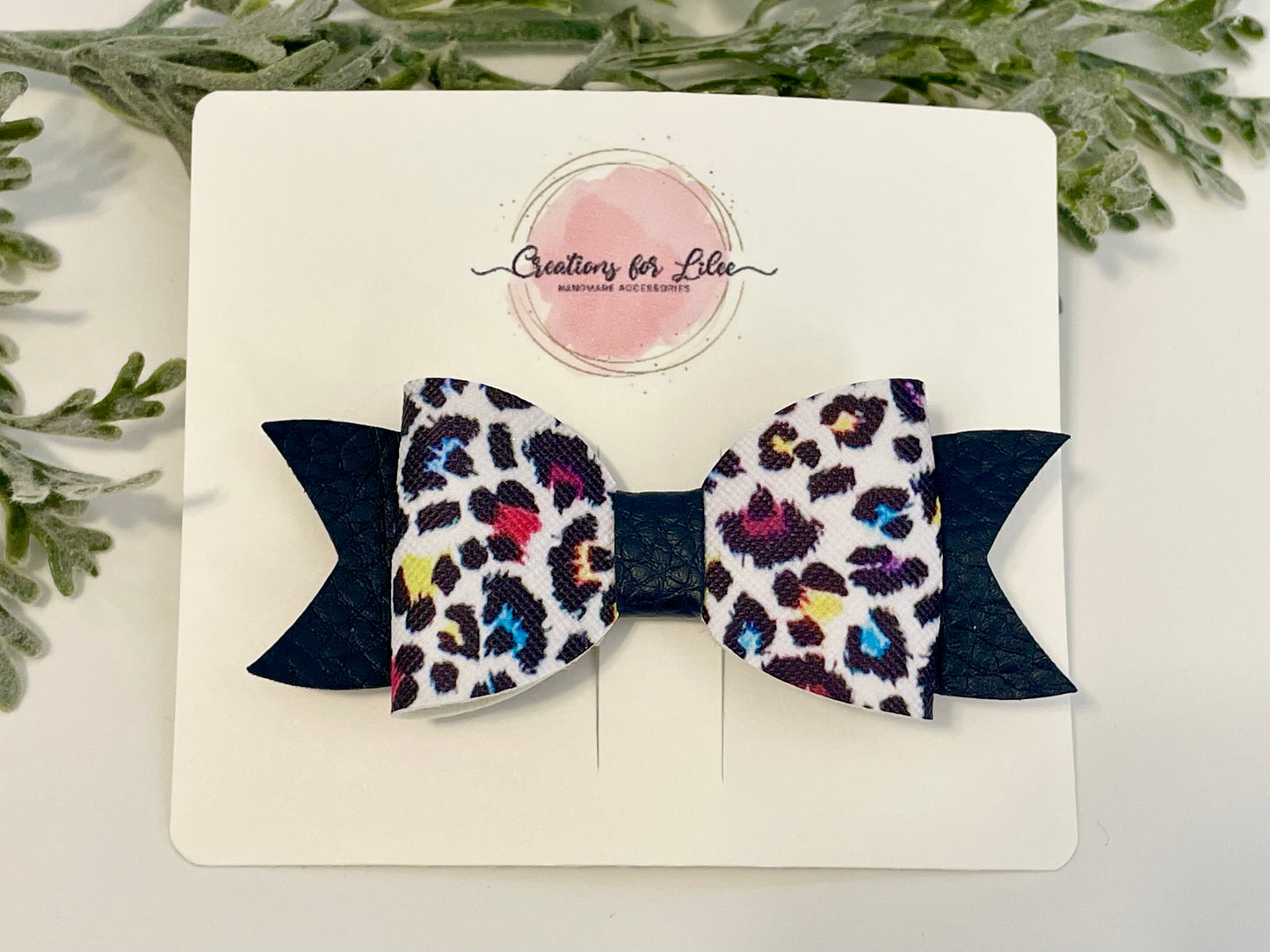 Hair Bow - Colorful Leopard & Black