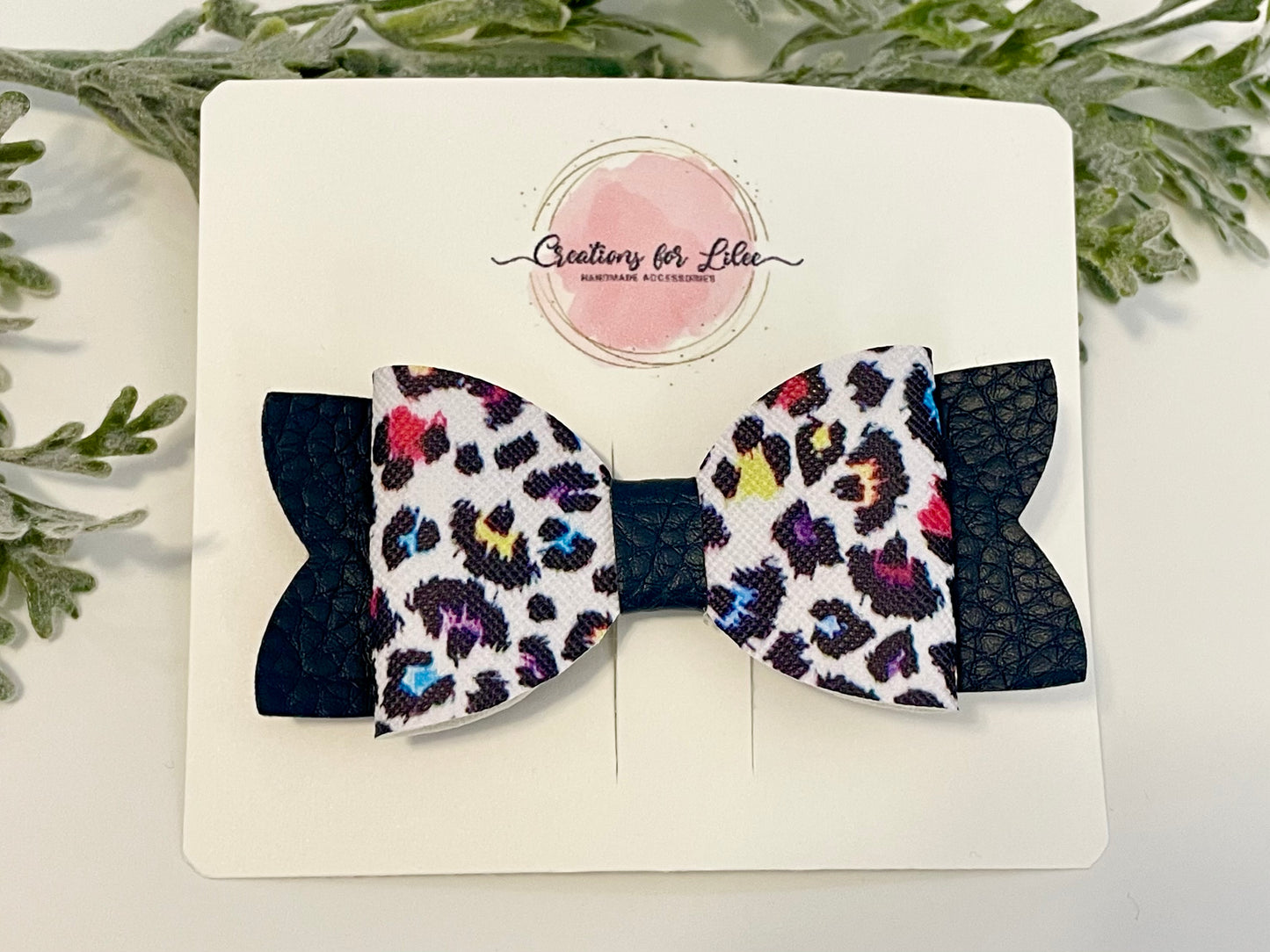 Hair Bow - Colorful Leopard & Black