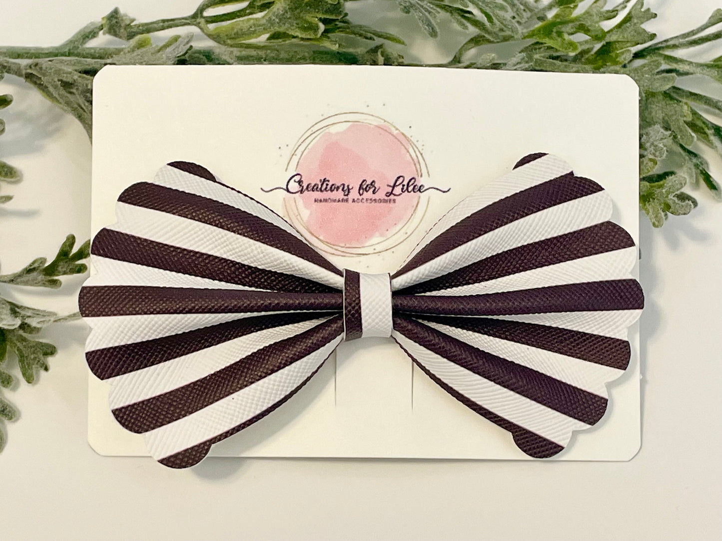 Bowtie Hair Bow with Scalloped Edges - Black & White Stripes