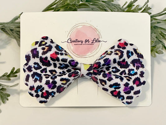 Bowtie Hair Bow with Scalloped Edges - Colorful Leopard