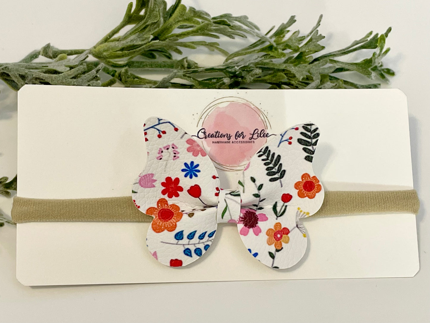 Nylon Headband with Leatherette Bow - Floral Butterfly