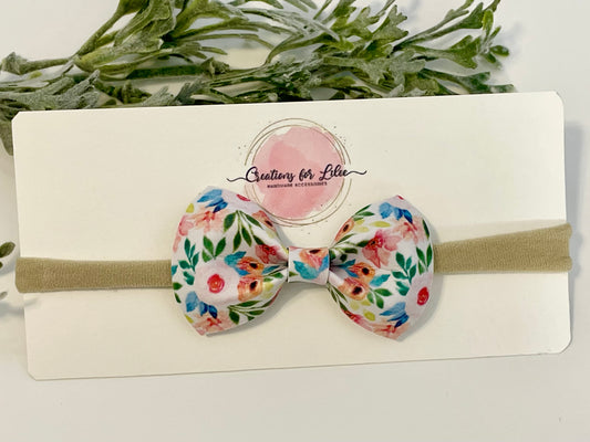 Nylon Headband with Leatherette Bow - Floral