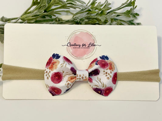 Nylon Headband with Leatherette Bow - Burgundy Floral