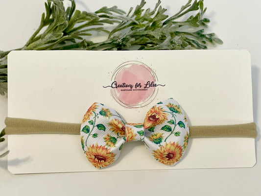 Nylon Headband with Leatherette Bow - Sunflowers