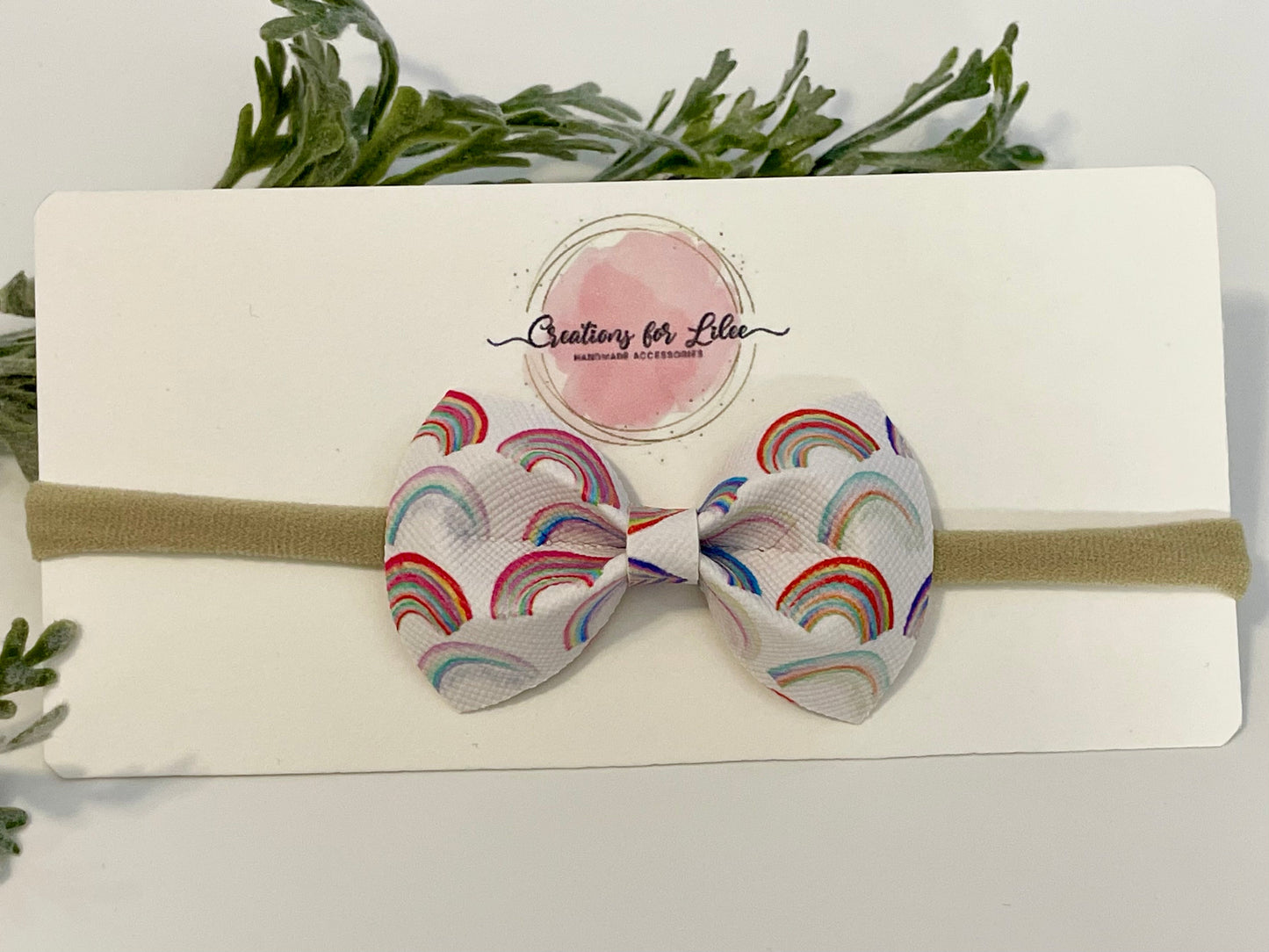 Nylon Headband with Leatherette Bow - Rainbows