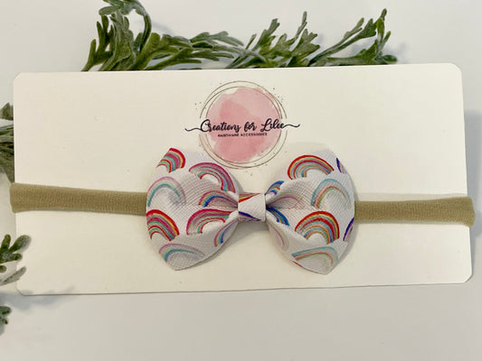 Nylon Headband with Leatherette Bow - Rainbows