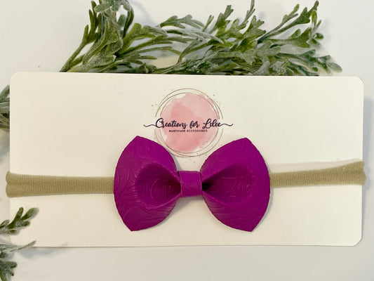 Nylon Headband with Leatherette Bow - Embossed Purple