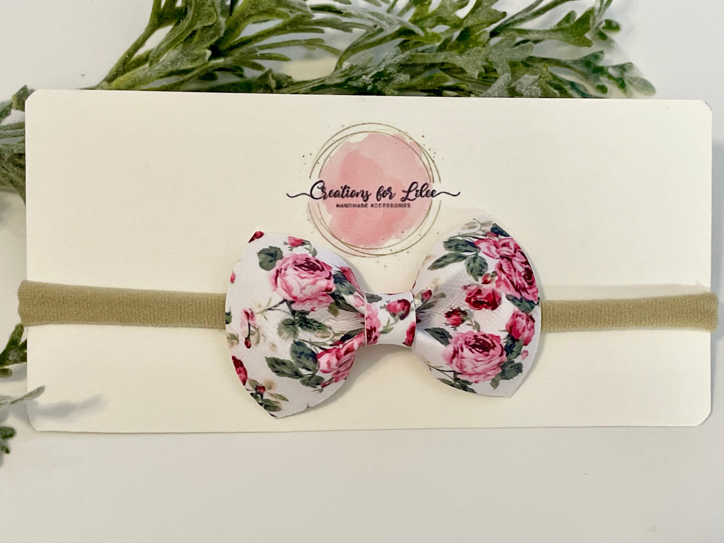 Nylon Headband with Leatherette Bow - Pink & Green Floral