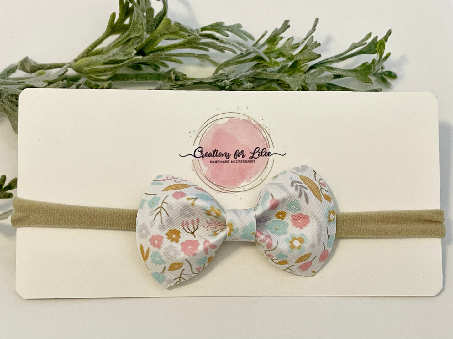 Nylon Headband with Leatherette Bow - Pastel Floral