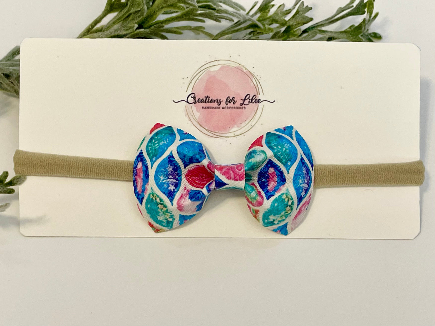 Nylon Headband with Leatherette Bow - Colorful Mermaid Pattern