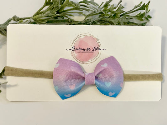 Nylon Headband with Leatherette Bow - Pink & Blue Heart Ombre