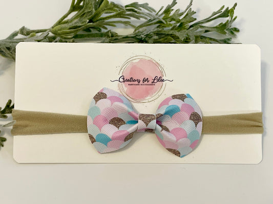 Nylon Headband with Leatherette Bow - Pastel & Gold Mermaid