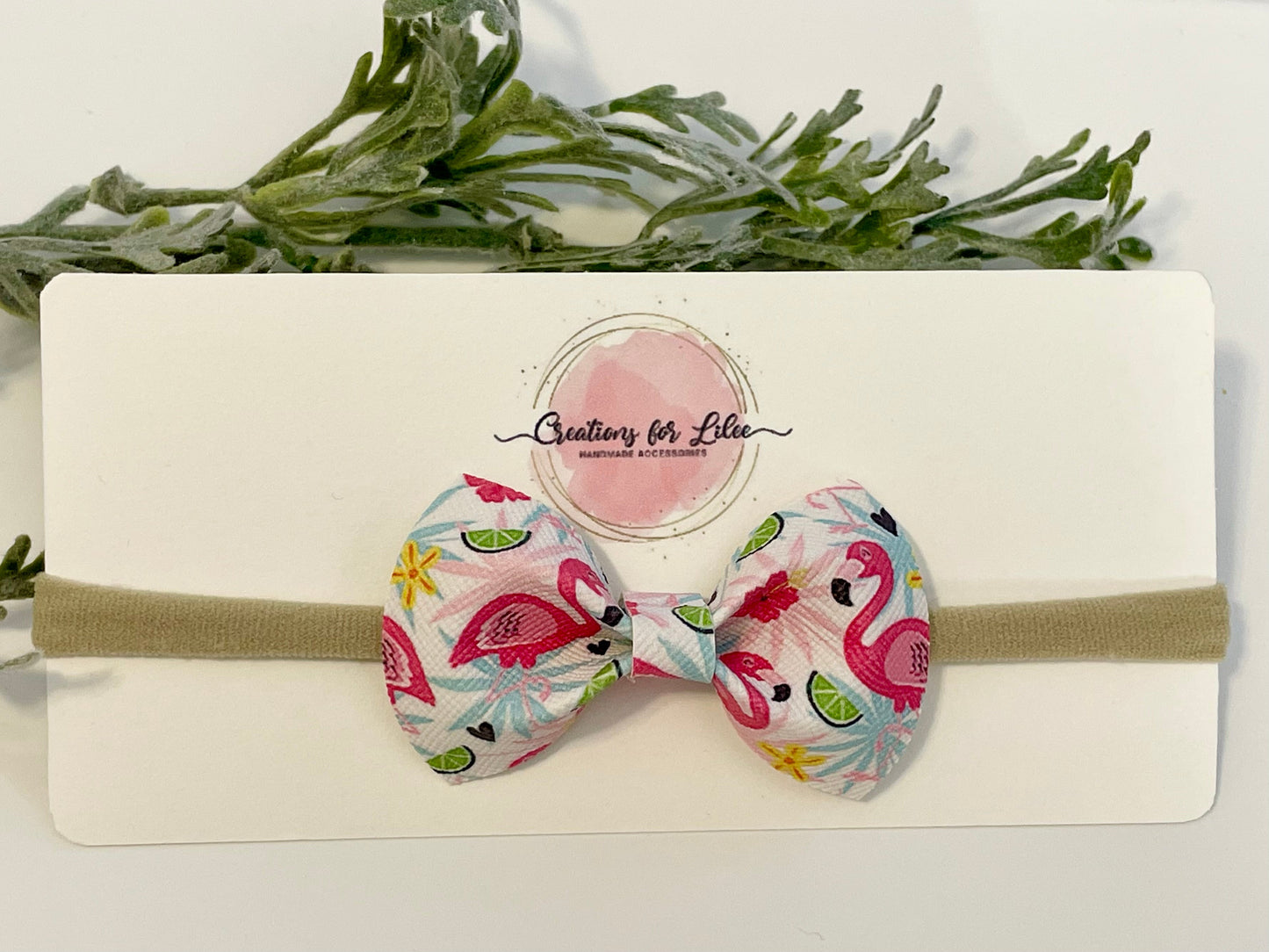 Nylon Headband with Leatherette Bow - Flamingos