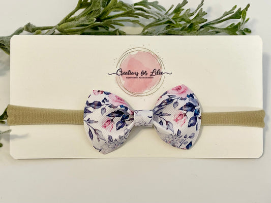 Nylon Headband with Leatherette Bow - Pink & Grey Floral