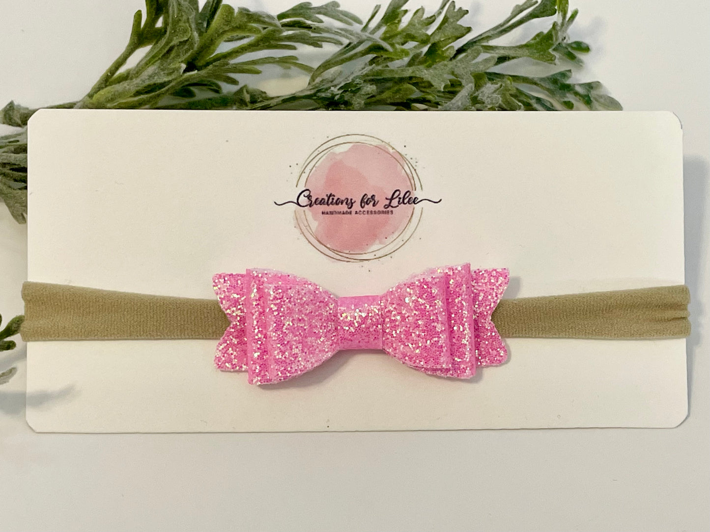 Nylon Headband with Glitter Bow - Pink