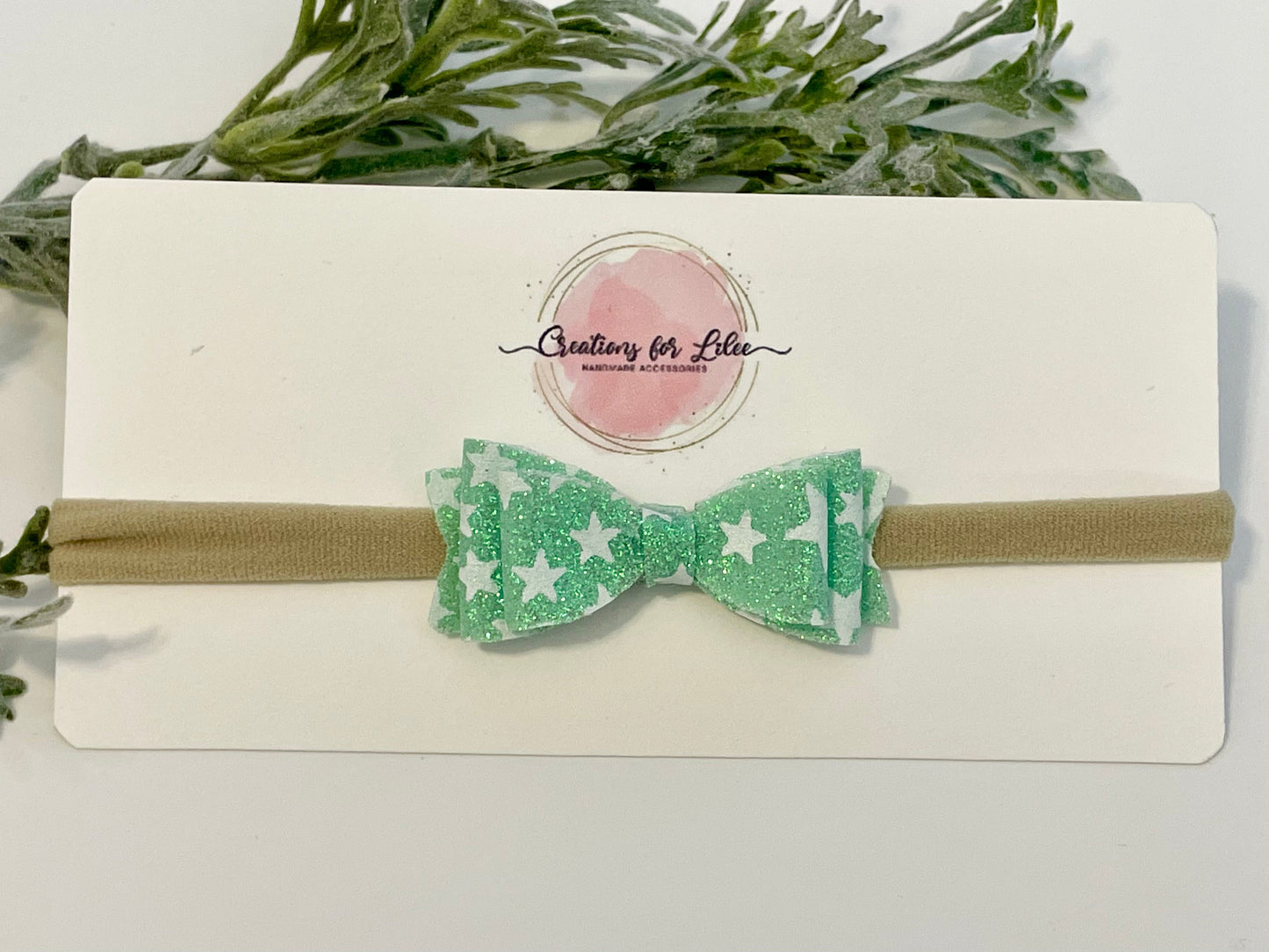 Nylon Headband with Glitter Bow - Green Stars