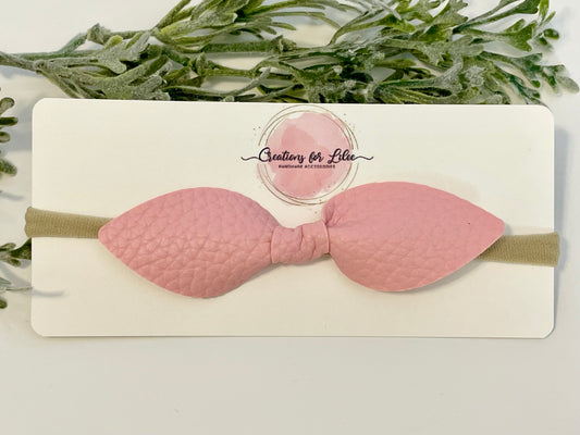 Nylon Headband with Knotted Leatherette Bow - Pink