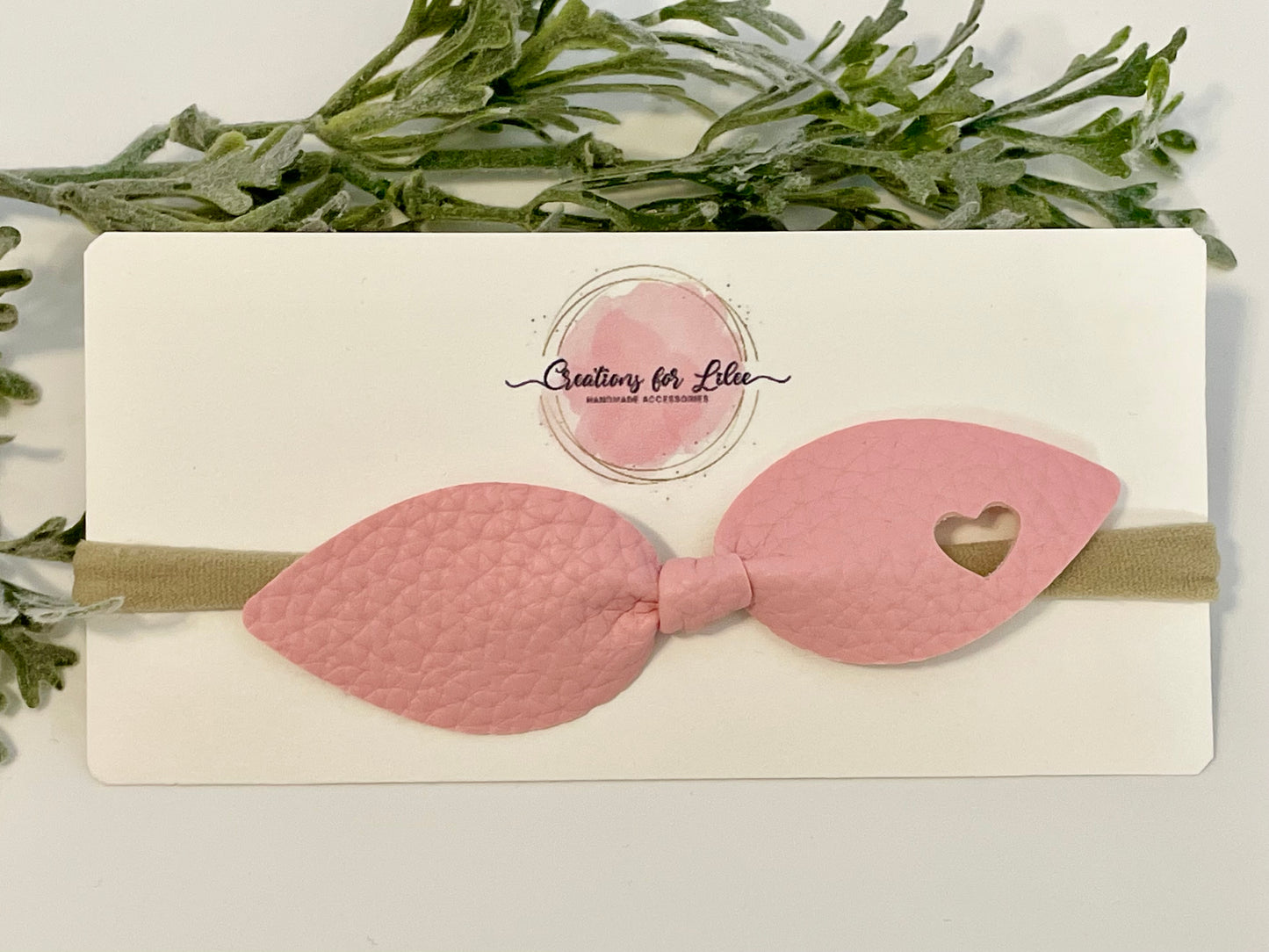 Nylon Headband with Knotted Leatherette Bow - Pink