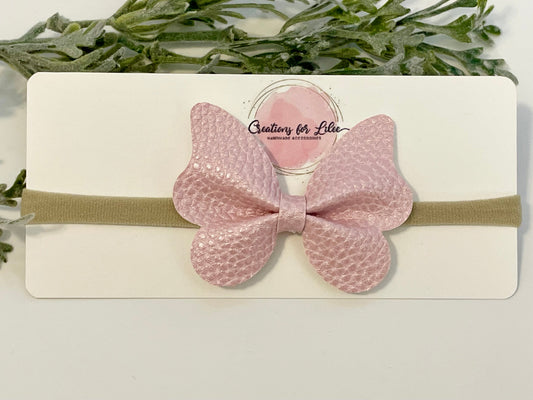 Nylon Headband with Leatherette Bow - Metallic Pink Butterfly