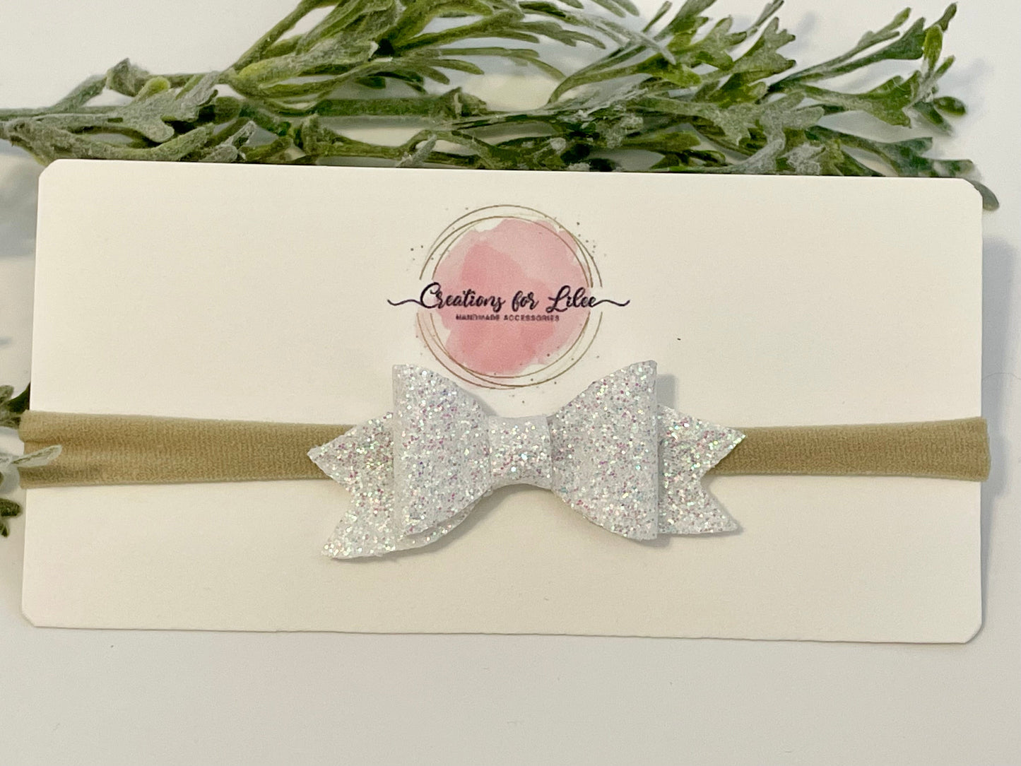 Nylon Headband with Glitter Bow - White