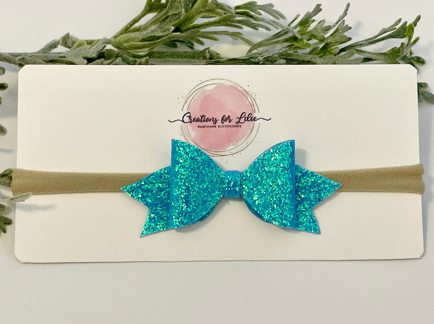 Nylon Headband with Glitter Bow - Blue