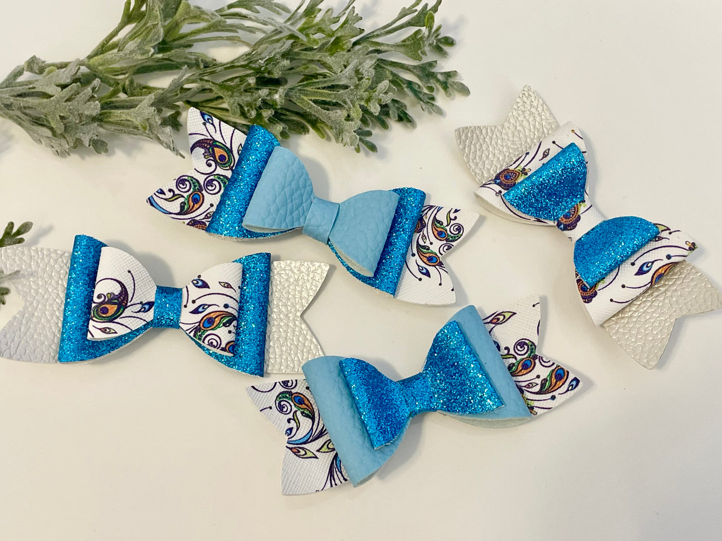 Hair Bows - Blue, Sparkles & Peacock