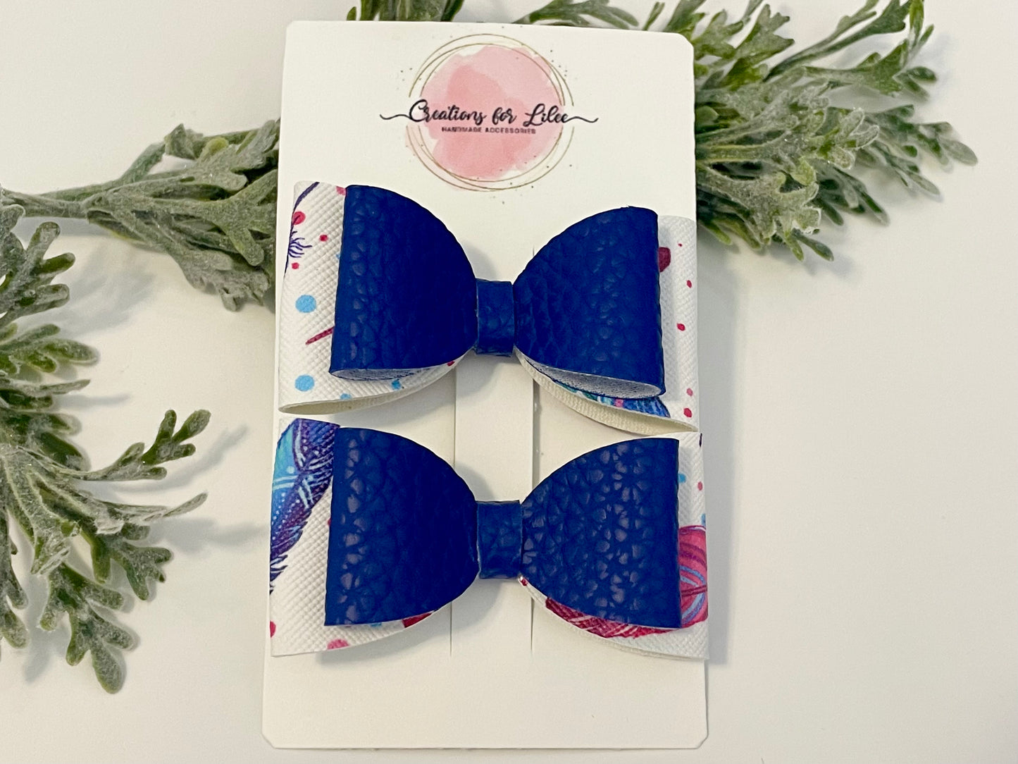 2-Layer Pigtail Bows - Blue & Feathers