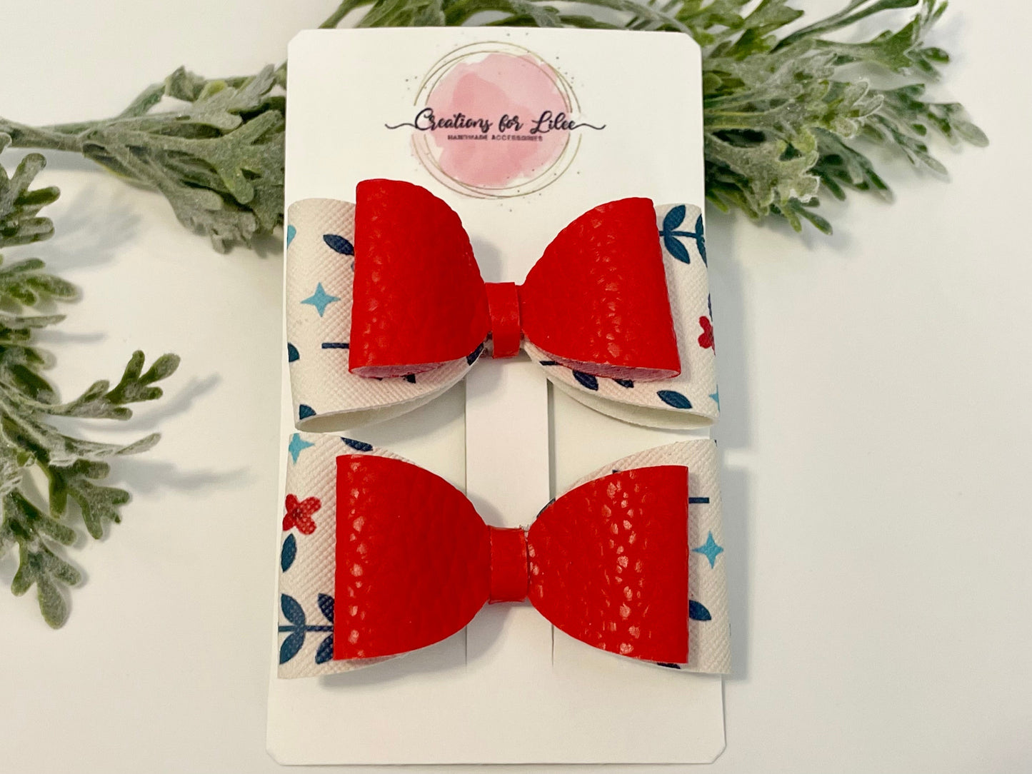 2-Layer Pigtail Bows - Red & Floral