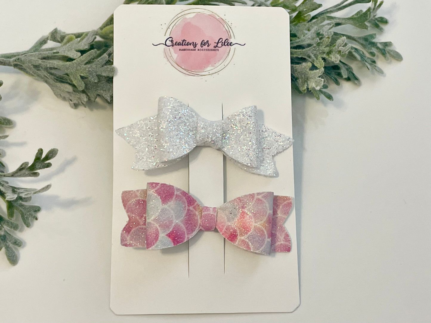 Mini Glitter Bows - White & Mermaid