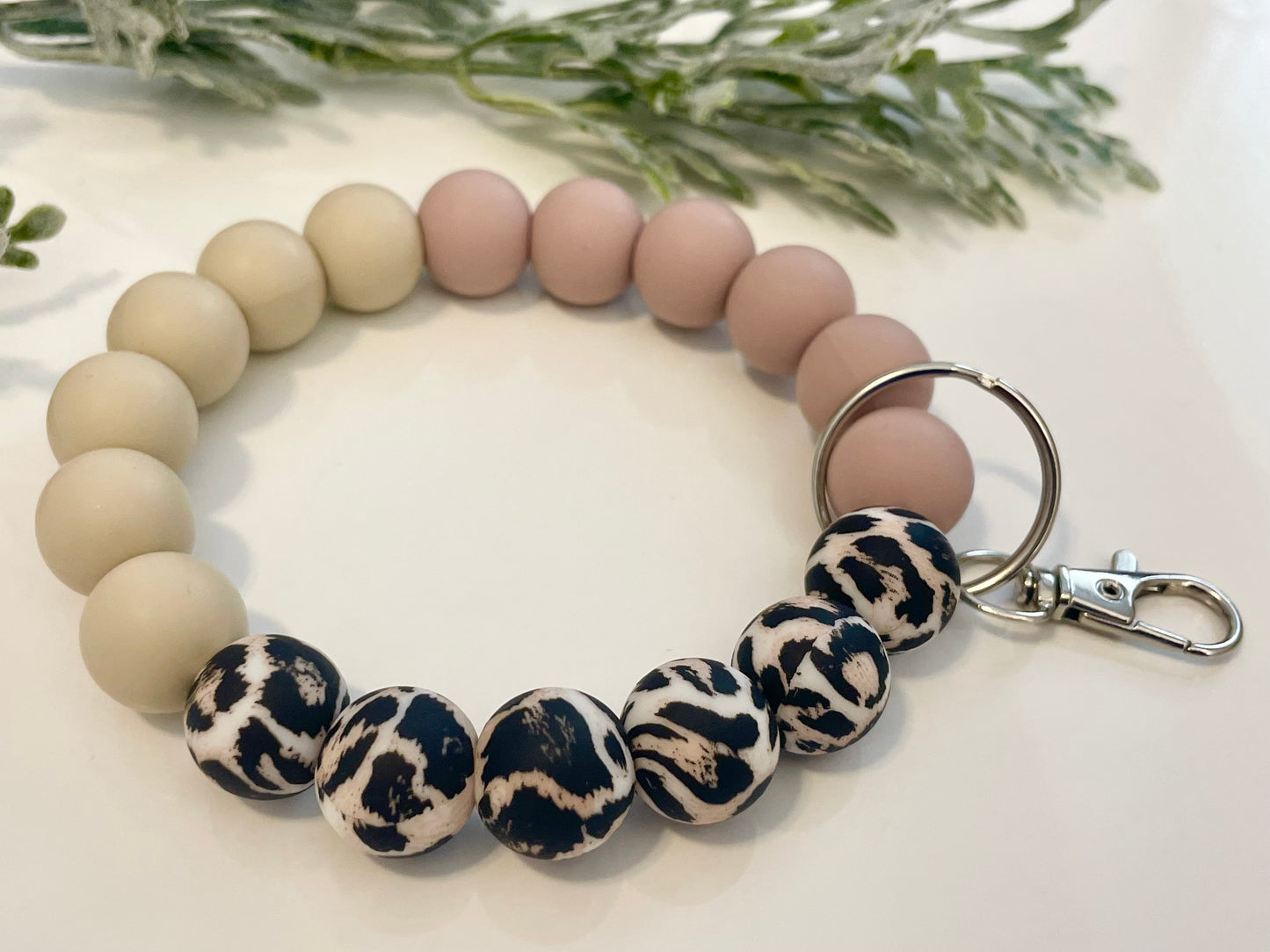 Silicone Beaded Wristlet Keychain - Leopard