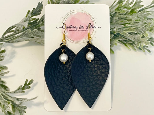 Leatherette Earrings - Black with Freshwater Pearl