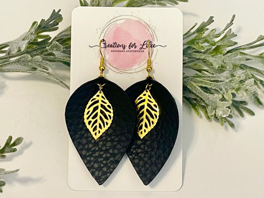 Leatherette Earrings - Black with Cutout Leaves