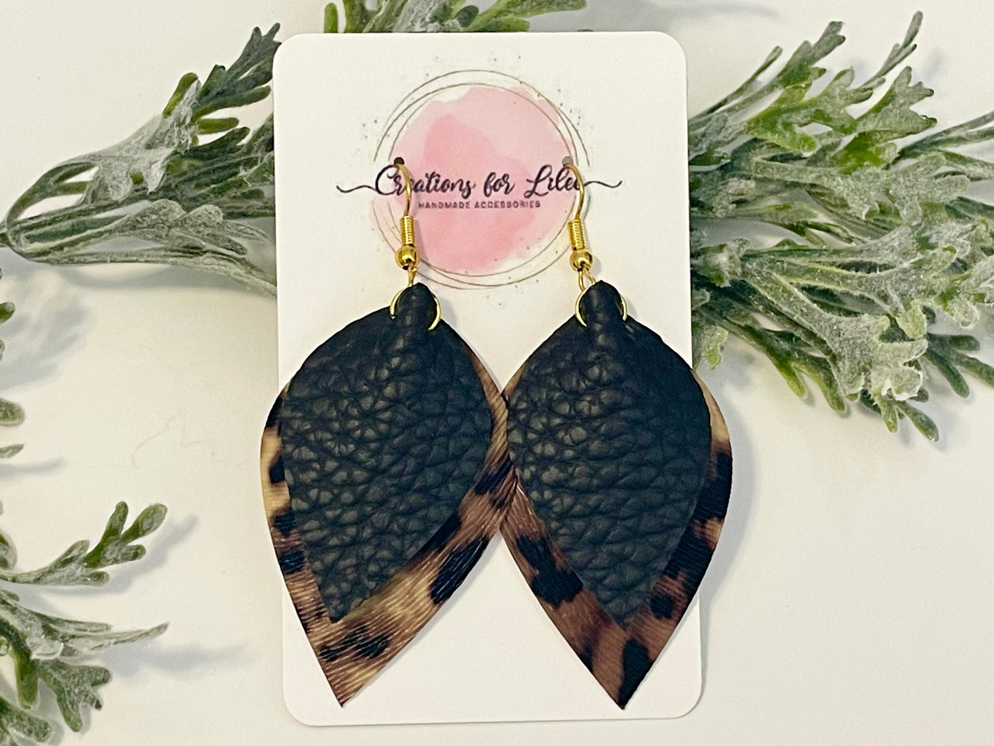 Leatherette Earrings - Black & Leopard