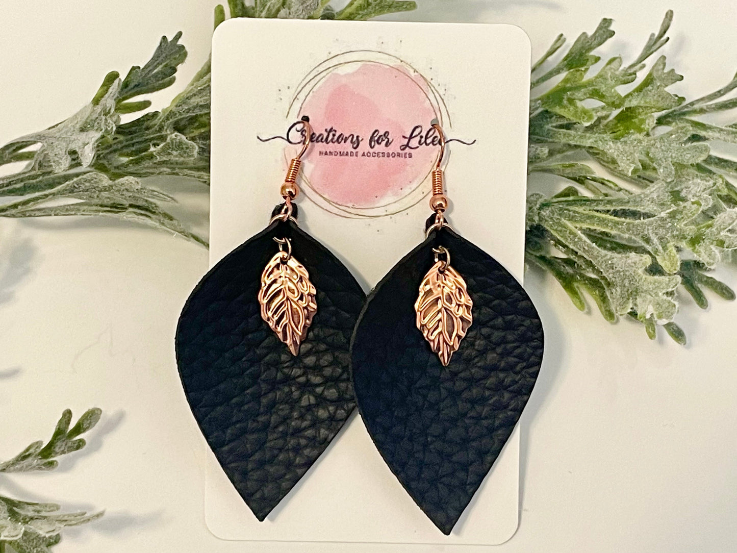 Leatherette Earrings - Black with Leaves