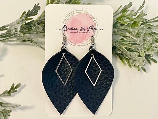 Leatherette Earrings - Black & Geometric Silver