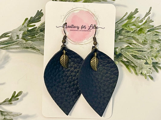 Leatherette Earrings - Black with Small Leaf