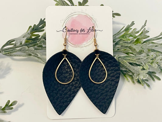 Leatherette Earrings - Black & Gold Teardrop