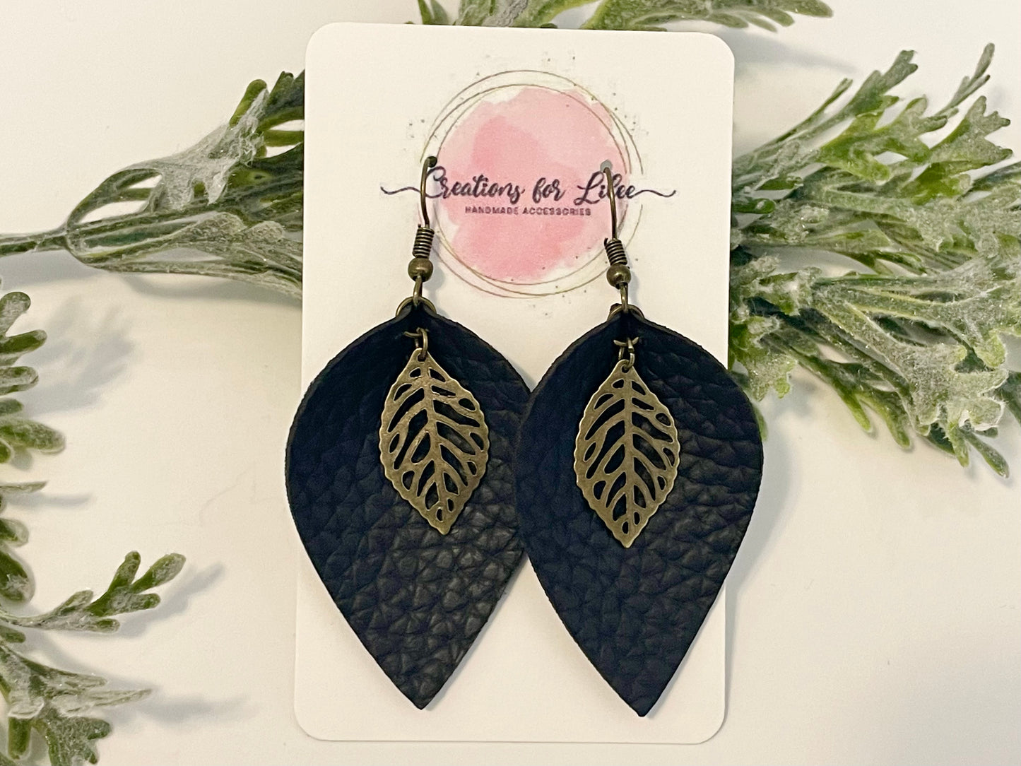 Leatherette Earrings - Black with Cutout Leaves